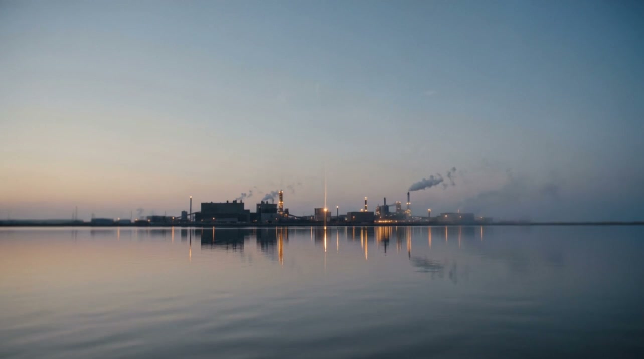 Industrial facility fully lit at dusk, reflected in calm water