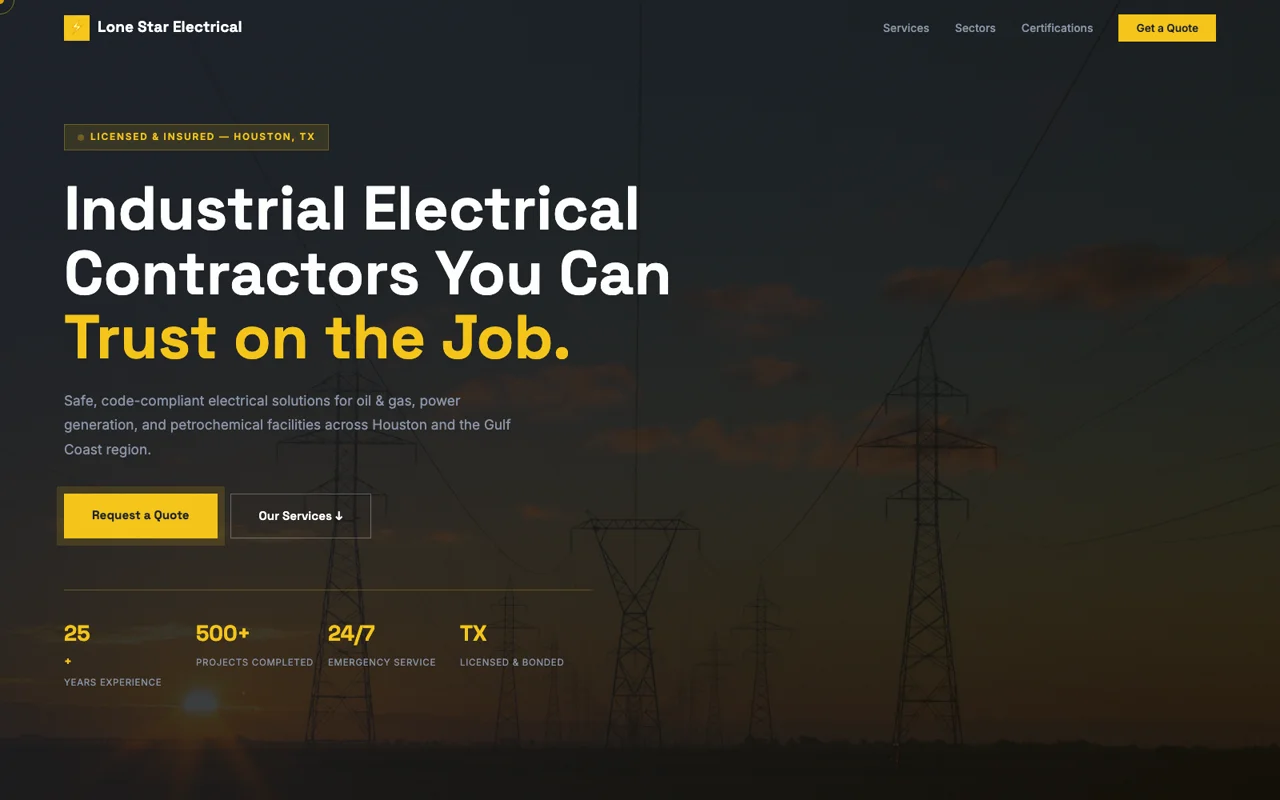 Homepage of the Lone Star Electrical Services sample build