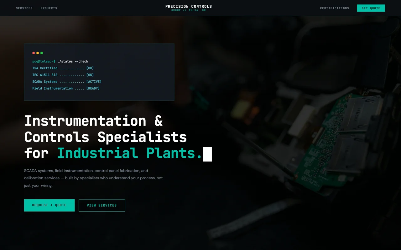Homepage of the Precision Controls Group sample build